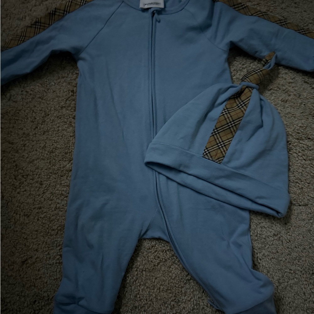 Blue Baby Onesie with Plaid Accents